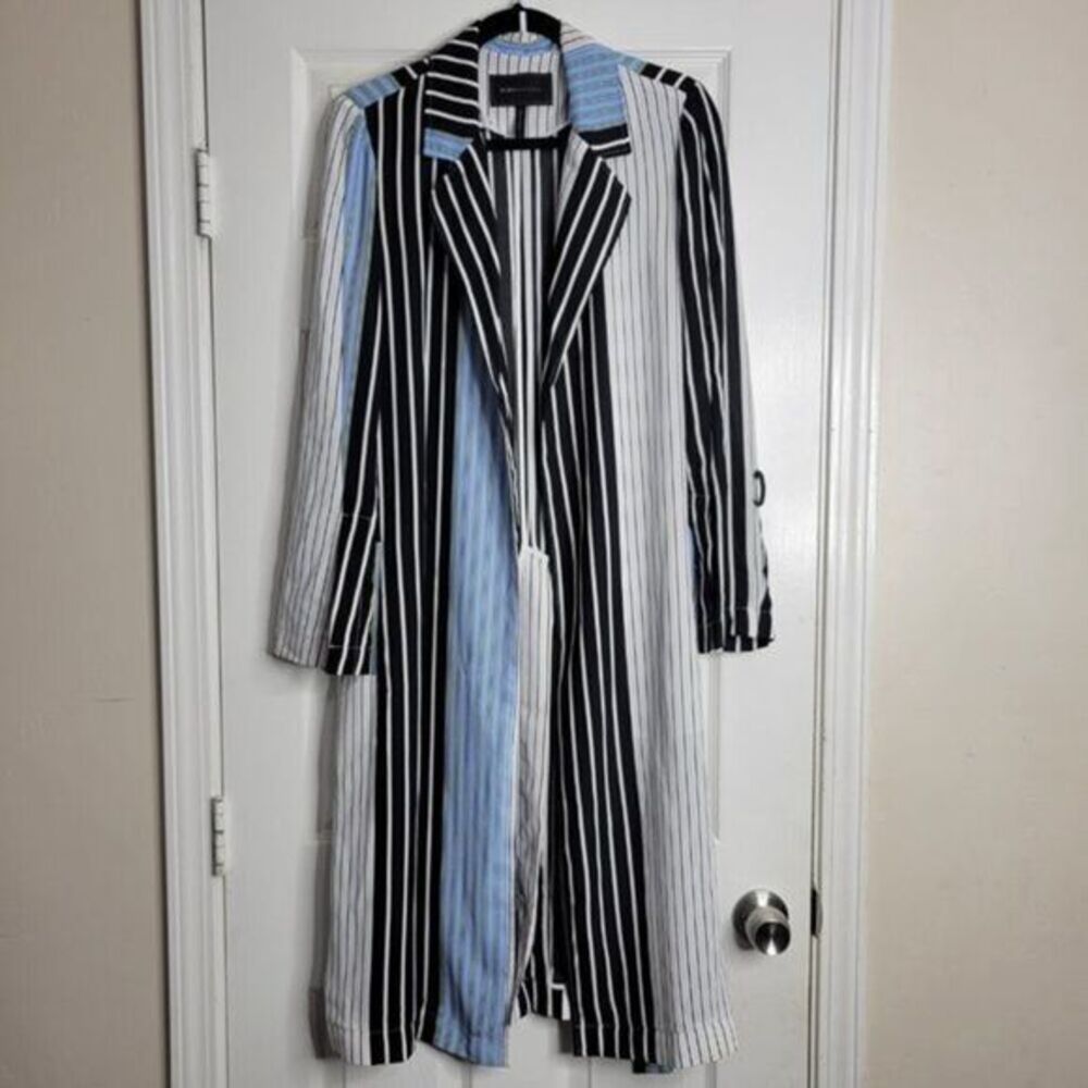 BCBGMAXAZRIA Shirt Jacket Small Black Blue Stripe Trech Belt Pockets Lightweight - Picture 2 of 11